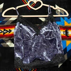SHEIN Purple Velvet Crop Top with Black Lace